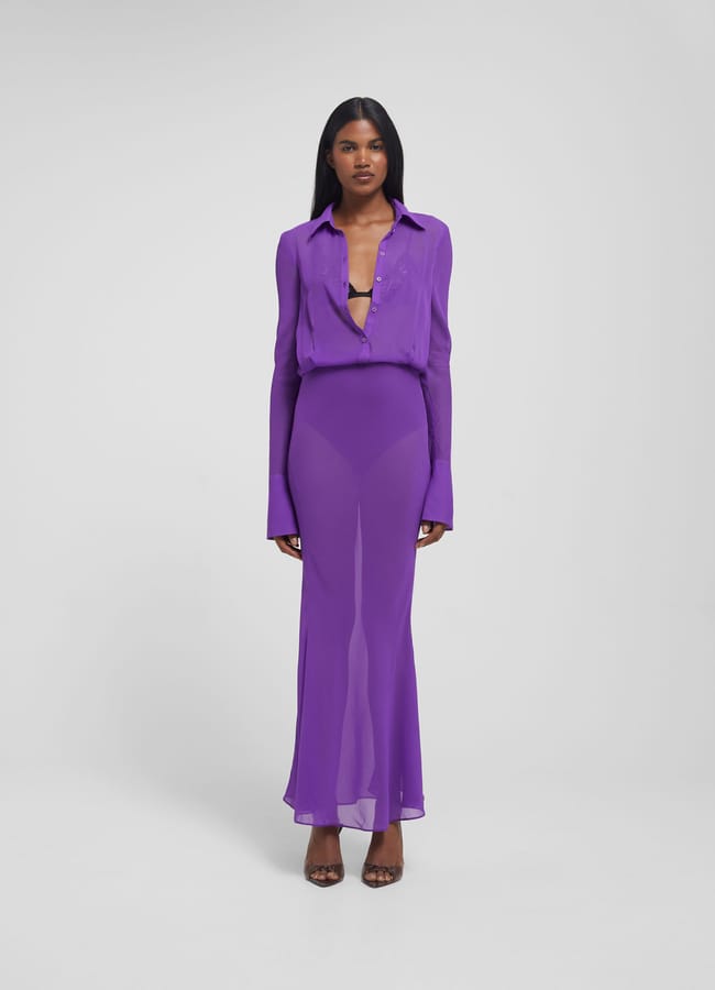 model wearing purple ember shirt dress