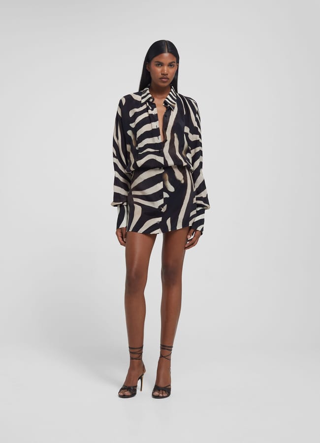model wearing black and white print rhoda dress