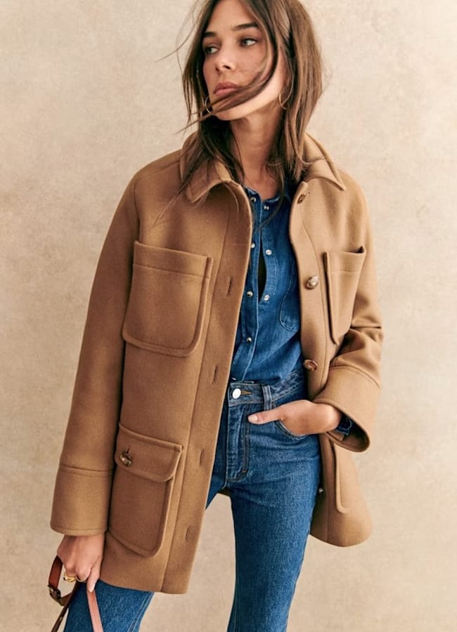 model wearing Sézane Paolo Coat Camel £285