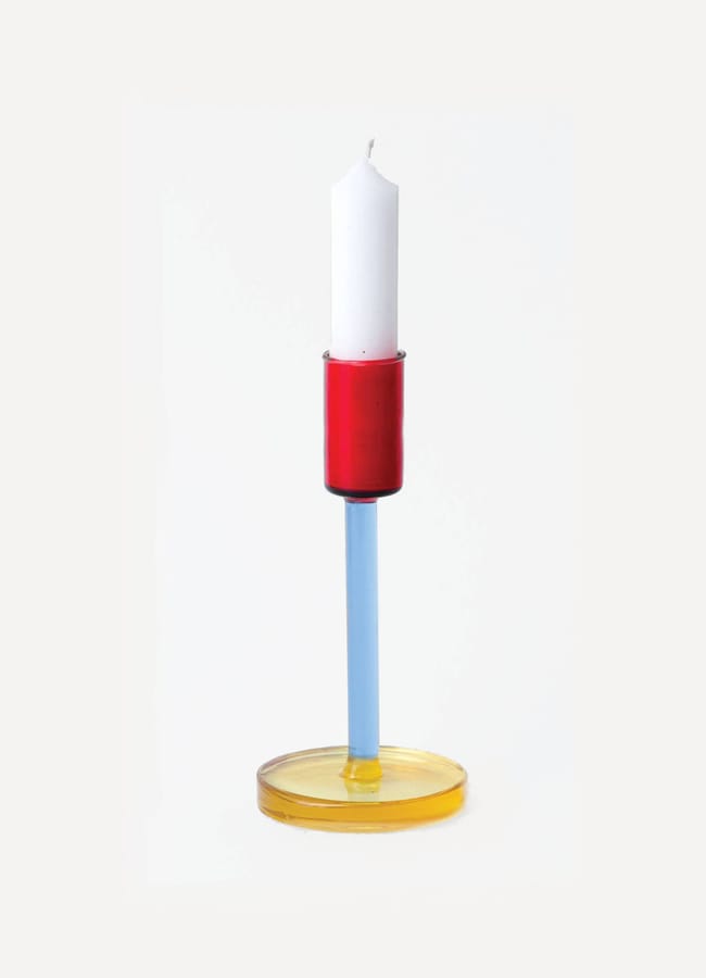 Glass Candlestick in Tall in Blue and Red