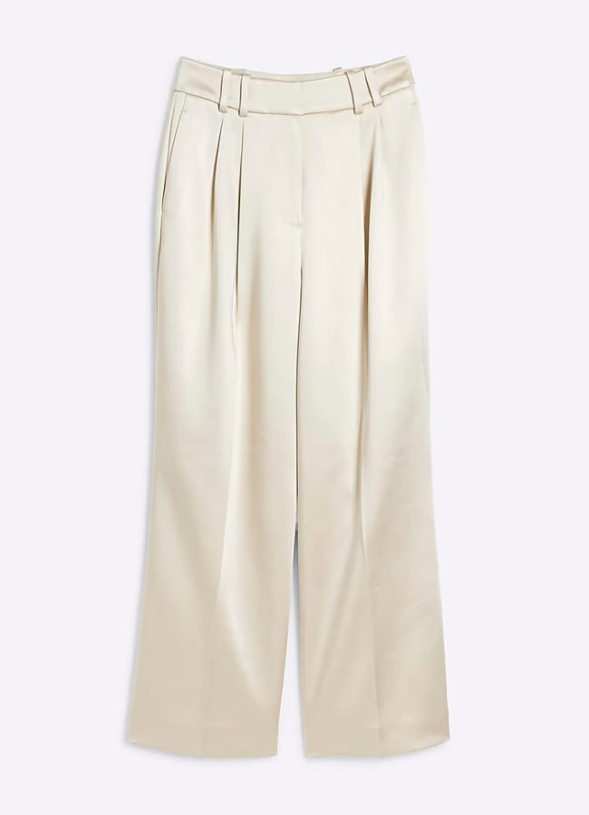RIVER ISLAND Cream Bonded Satin Wide Leg Trouser