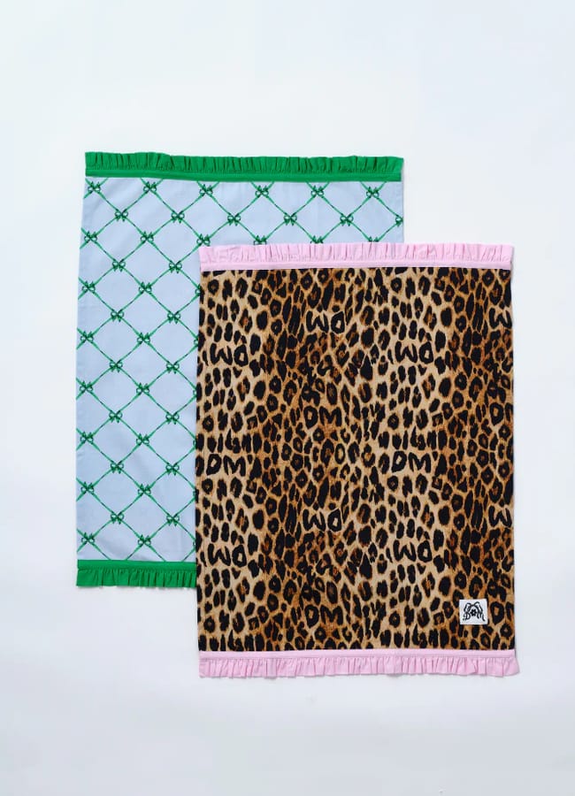 DAMSON MADDER set of 2 ruffle tea towels - leopard & bow print