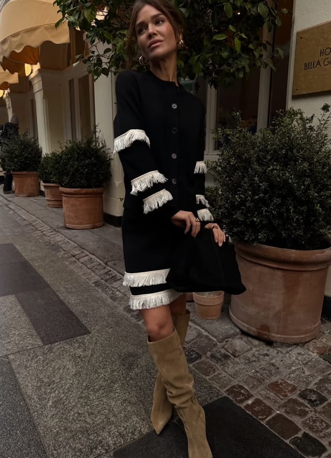 model wearing Fringed Cardigan & Skirt