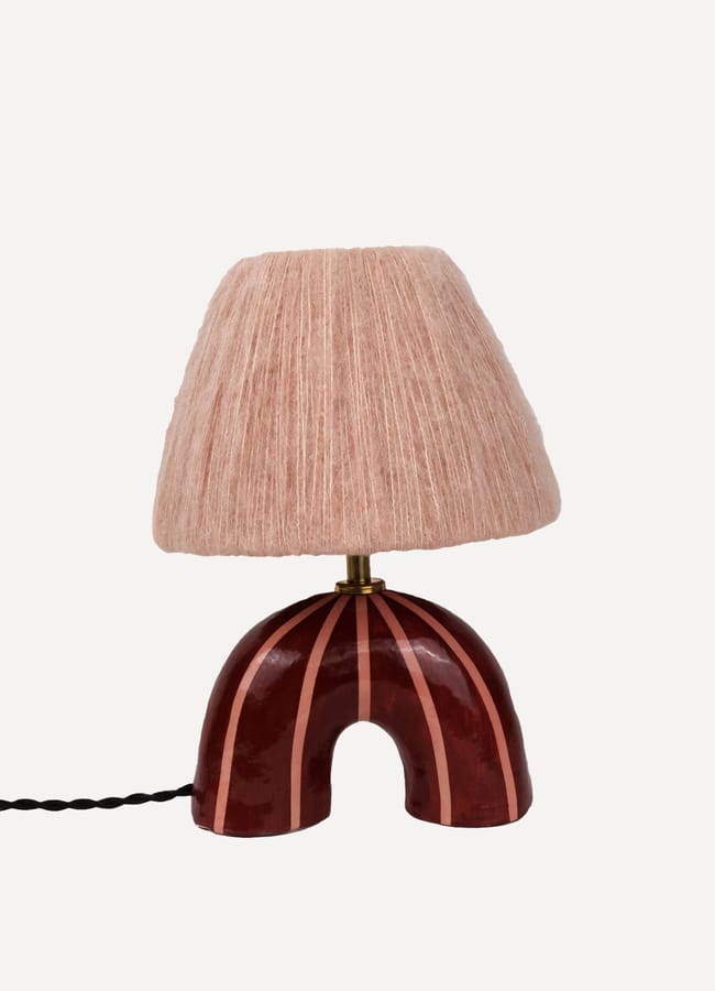 Hannah Simpson Studio Maroon and Pink Stripes ‘Me’ Table Lamp with Sand Pink Wool Lampshade