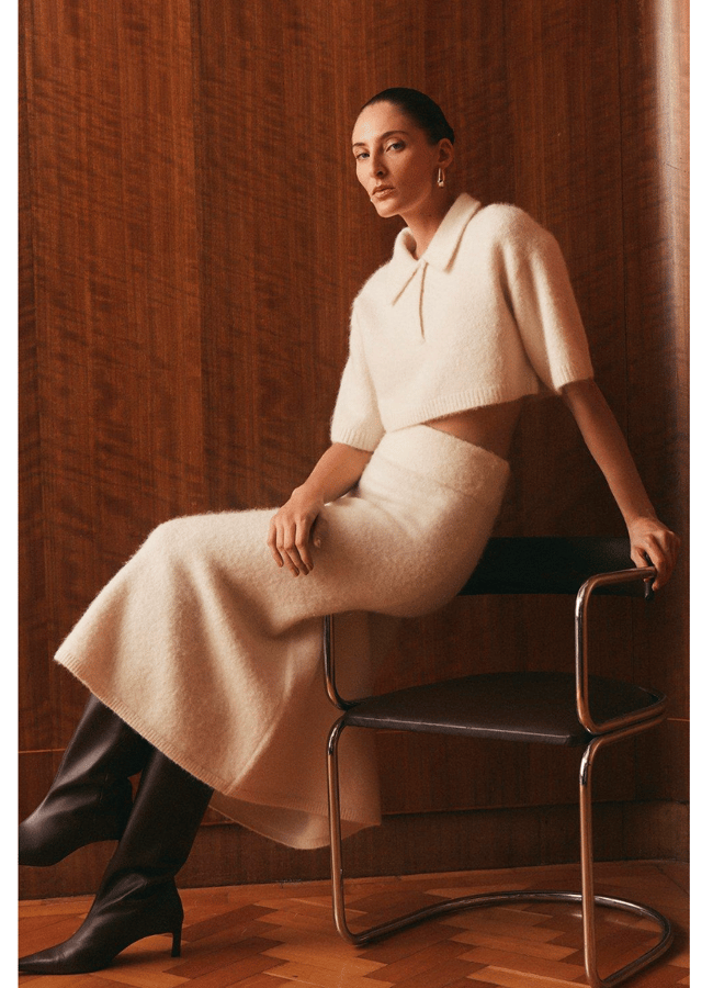 model sitting wearing karen millen Alpaca Wool Fluffy Full Knit Skirt and top