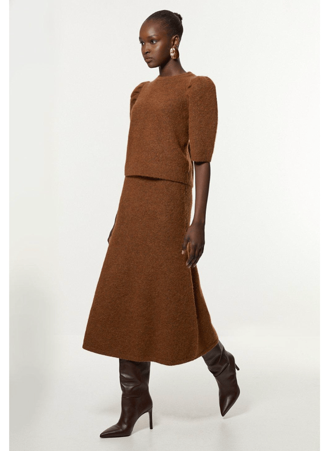 model wearing brown KAREN MILLEN Alpaca Wool Fluffy Full Knit Skirt and top