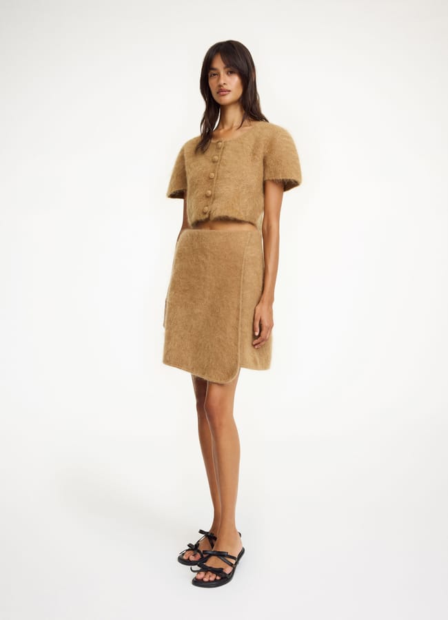 model wearing tobacco coloured wool knit co-ord