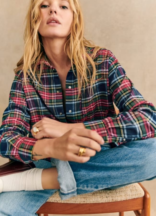 model wearing Sézane Max Shirt in York Tartan