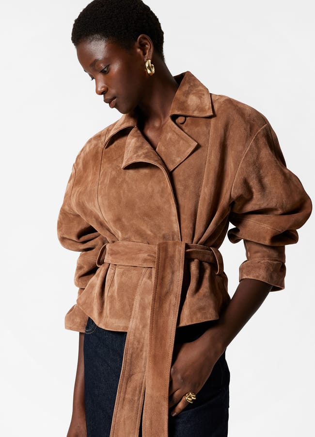 model wearing brown Belted Suede Jacket