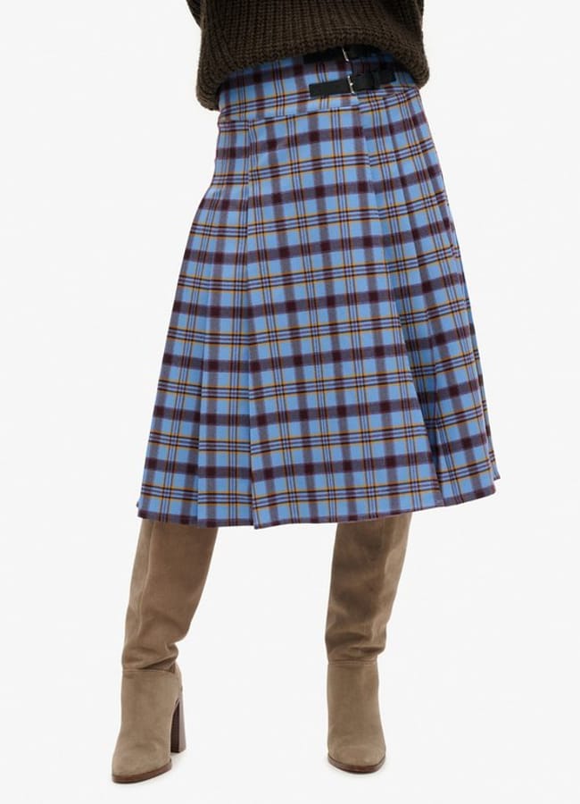 Superdry Check Pleated Midi Skirt, Blue,