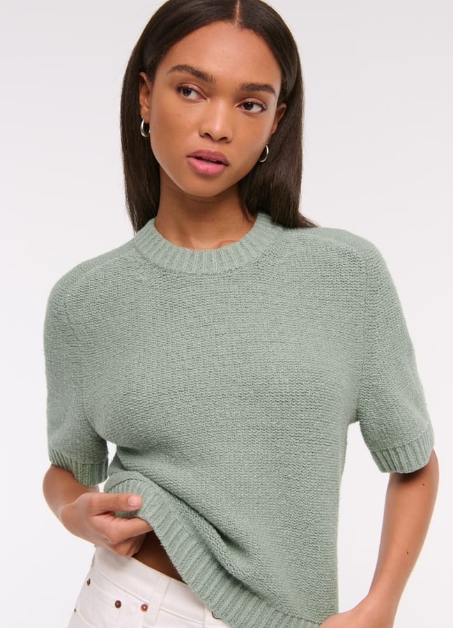 model wearing Abercrombie & Fitch The A&F Madeline Textural Crew Sweater Tee