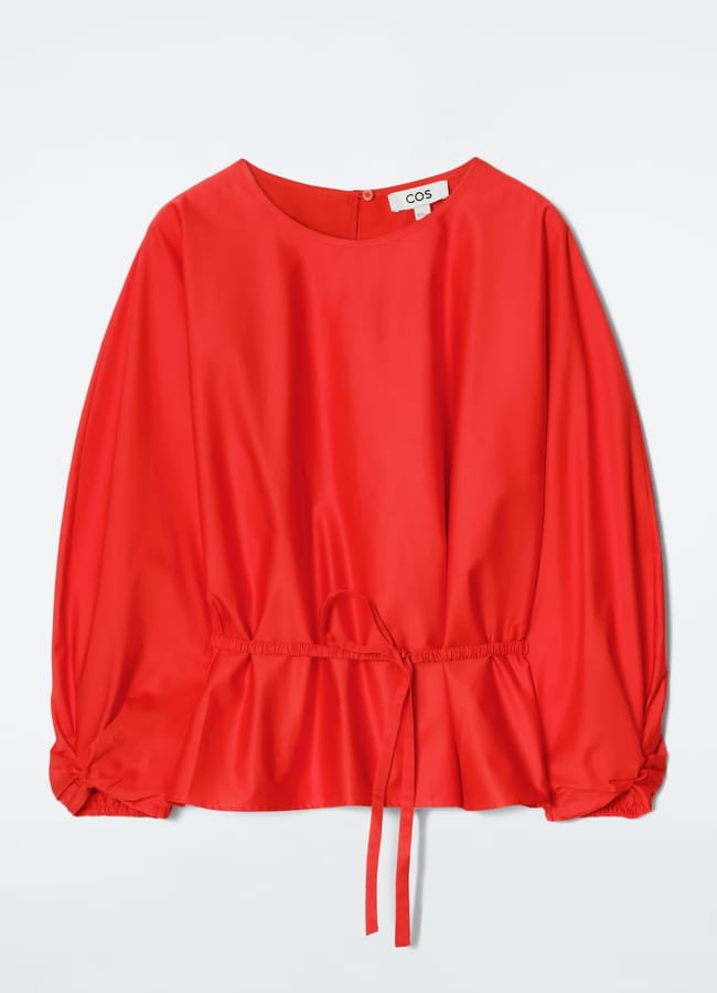 red DRAWSTRING PEPLUM BLOUSE