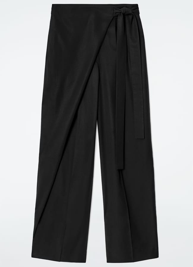 black FLUID WRAP-FRONT TROUSERS
