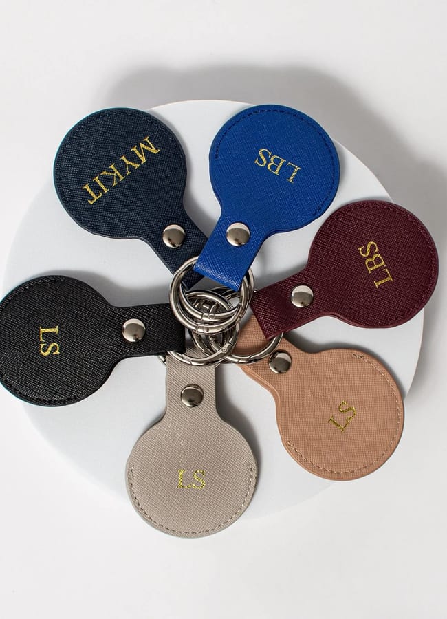 Inserif Dove Grey Saffiano Leather Personalized Airtag Keyring