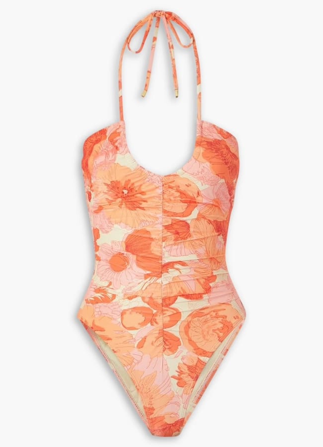 PEONY SWIMWEAR Ruched floral-print stretch-ECONYL® halterneck swimsuit