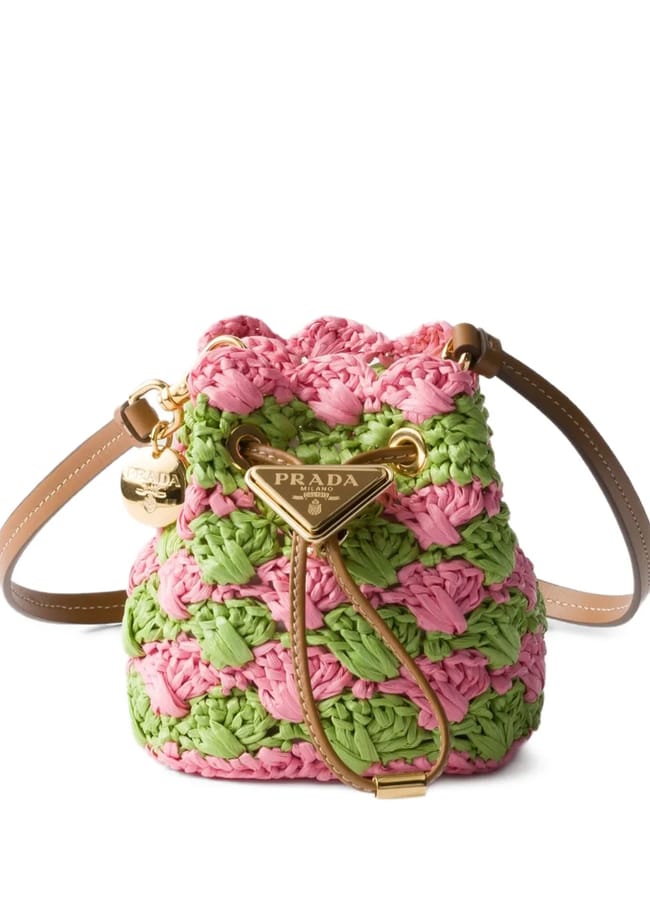 pink and green prada mini crochet-knit bucket bag