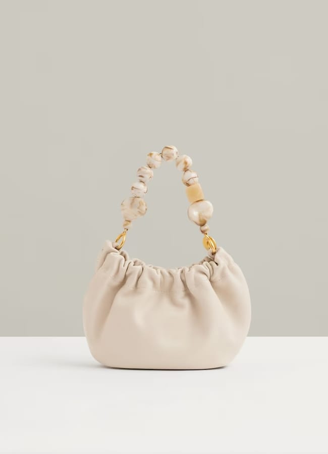 REISS Erin Leather Bead-Handle Pouch Bag in Off White £148