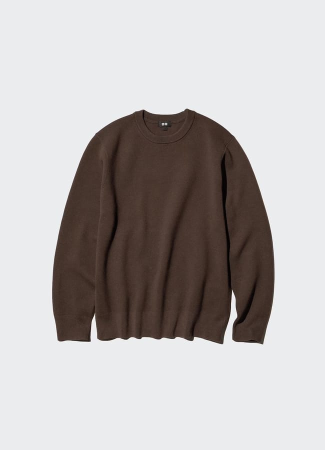 brown Uniqlo Washable Milano Ribbed Crew Neck Jumper