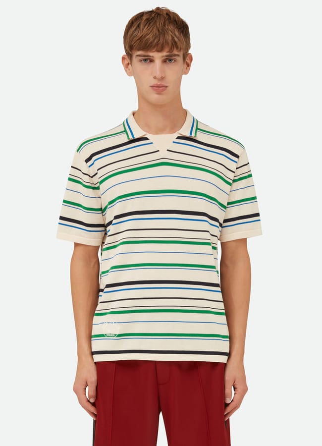 male model wearing adidas Originals by Wales Bonner Knit Polo striped