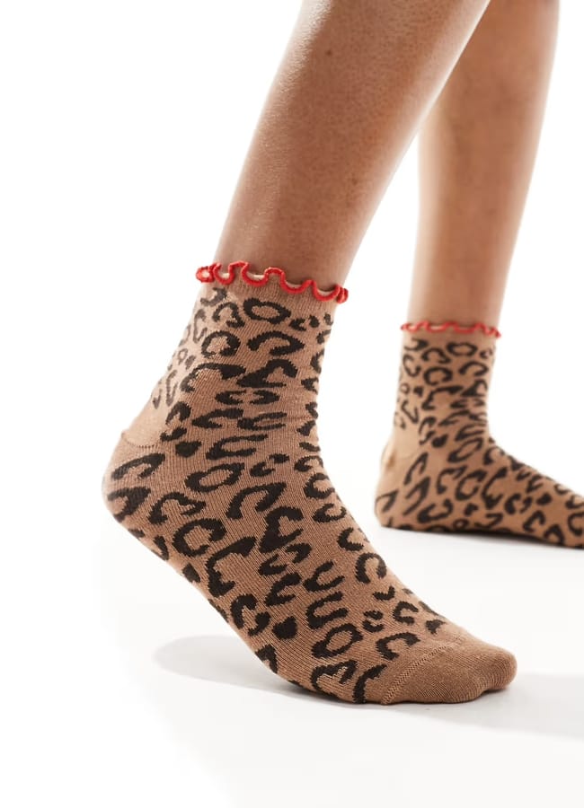 ASOS DESIGN leopard knit frill ankle socks