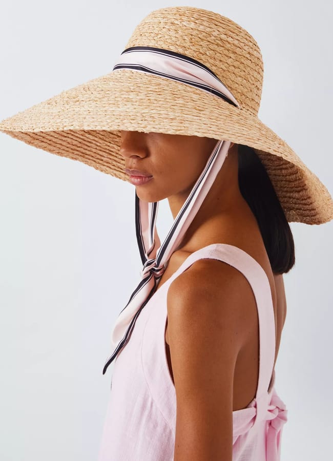 model wearing John Lewis Wide Brim Self-Tie Scarf Sun Hat, Natural