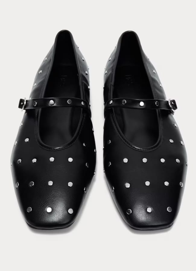 M&S Studded Buckle Flat Ballet Pumps in black