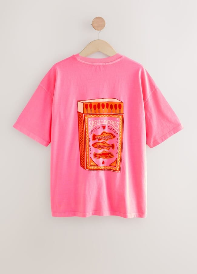 Next Fluro Pink Oversized Sardine Matchbox Graphic Short Sleeve Crew Neck 100% Cotton T-Shirt