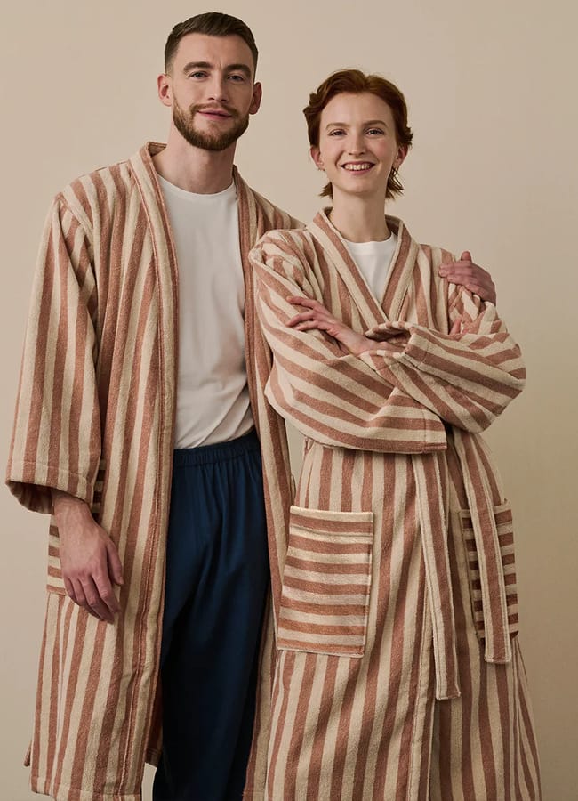 couple wearing piglet In bed Sand Shell Pembroke Stripe Cotton Robe
