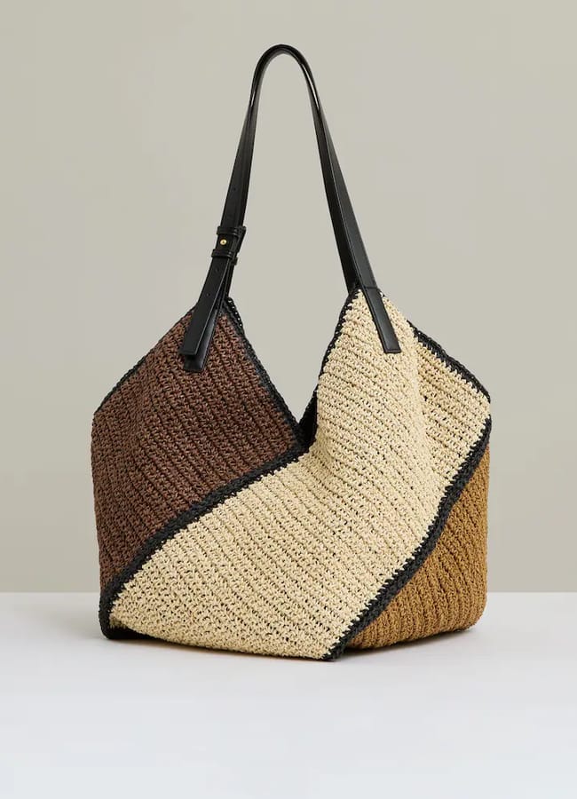 Reiss Farrah Raffia Colour-Block Tote Bag in Tan £188