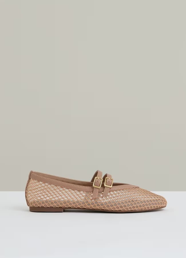 Reiss Mesh Double-Strap Ballet Flats in Neutral
