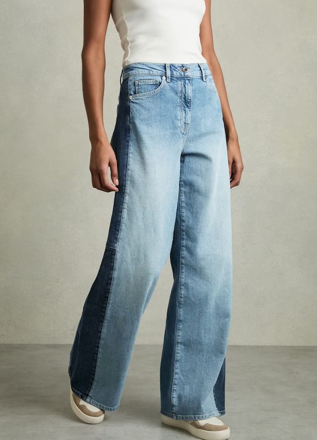 Reiss Petite Wide-Leg Contrast-Panel Jeans in Light Blue