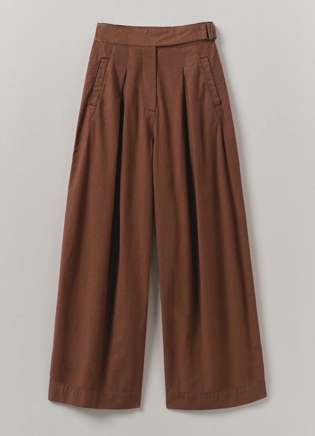 brown Toast Belted Cotton Linen Poplin Wide Leg Trousers