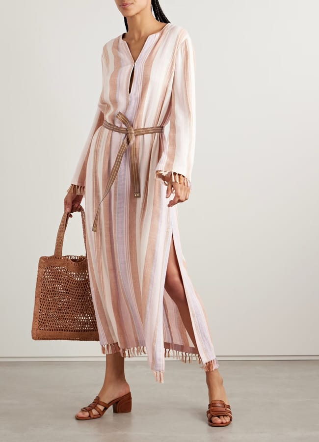 model wearing ZIMMERMANN Lucky belted tasseled striped voile midi dress