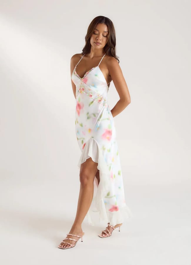model wearing Aurora Printed Satin Maxi Dress