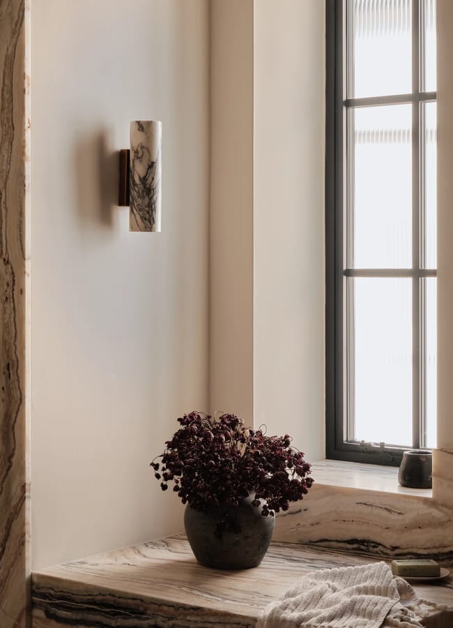 Calla - 2 light Calacatta marble and aged brass wall light on wall