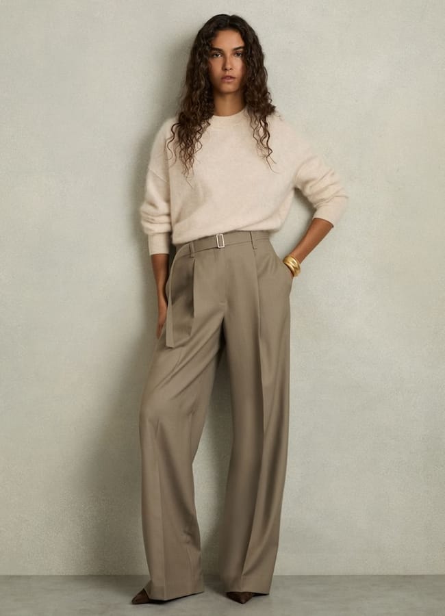 Clara Wool Belted Wide-Leg Trousers in Neutral