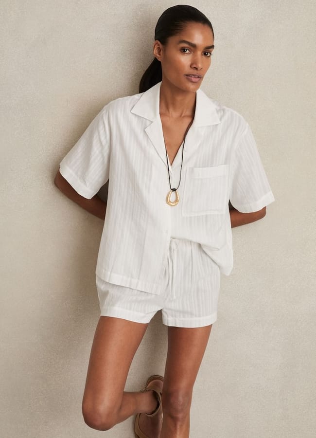 model wearing Cotton Pointelle Shirt and Shorts Set in White