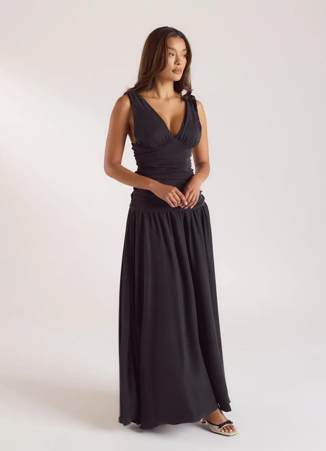 model wearing black Cupro Blend Maxi Dress