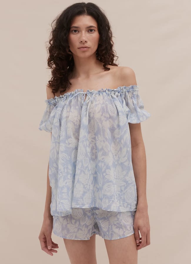 model wearing Desmond & Dempsey Alma Fig Blue set