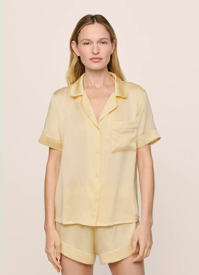 model wearing yellow Eberjey Inez Washable Silk Short PJ Set