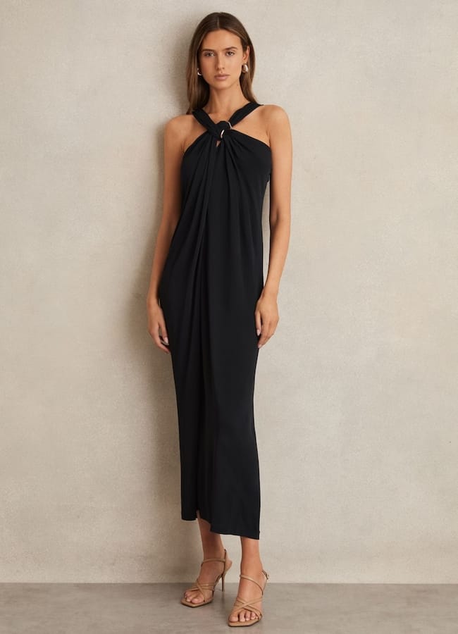 Eliza Gathered Neck Jersey Midi Dress in Navy