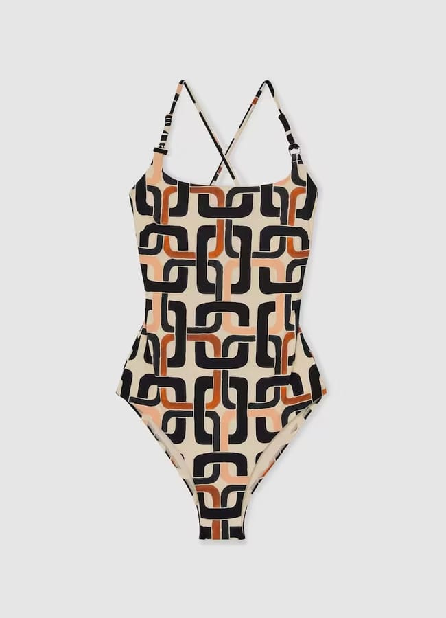 Florence Chain-Print Square-Neck Swimsuit in Brown/Cream