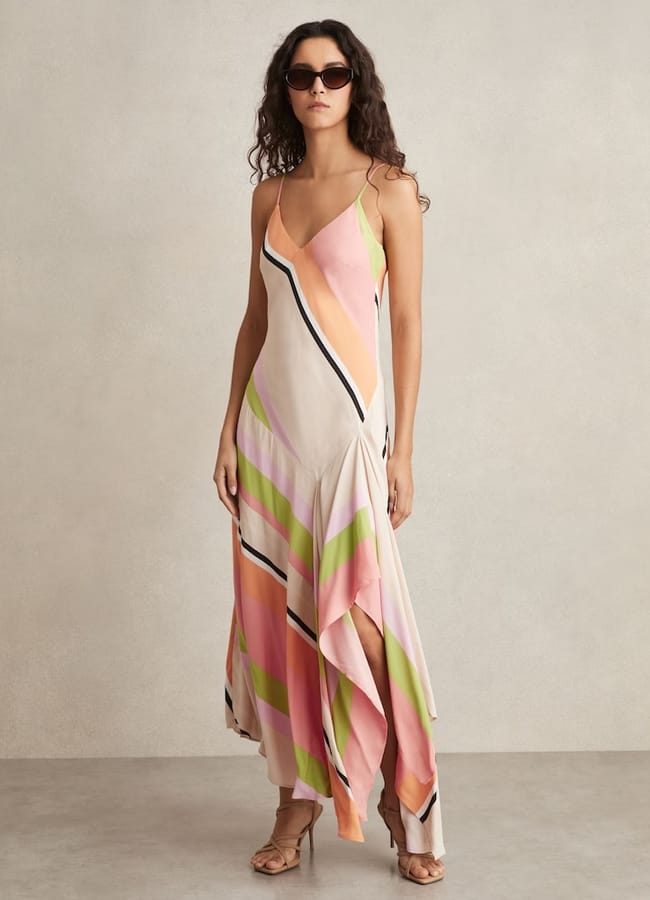 Hallia Stripe-Print Handkerchief Maxi Dress in Pink/Green