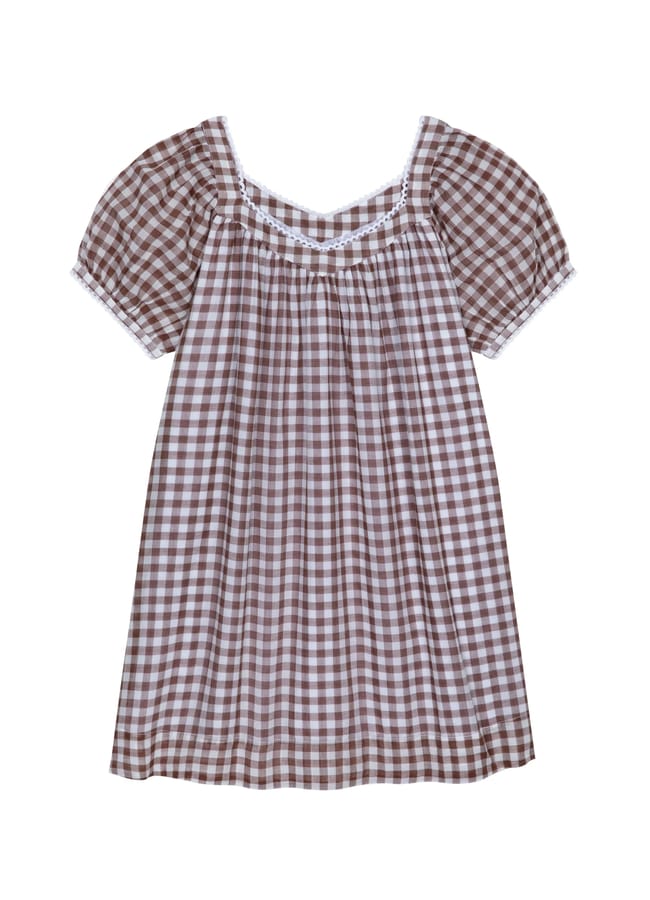 brown and white gingham mini dress