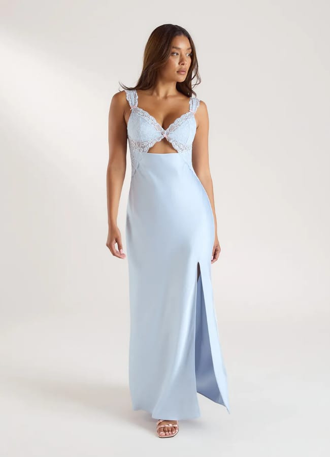 model wearing blue Isla Side Slit Maxi Dress