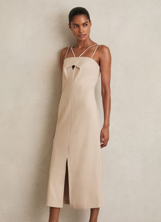model wearing Juni Double Strap Cut Out Midi Dress in Stone Neutral
