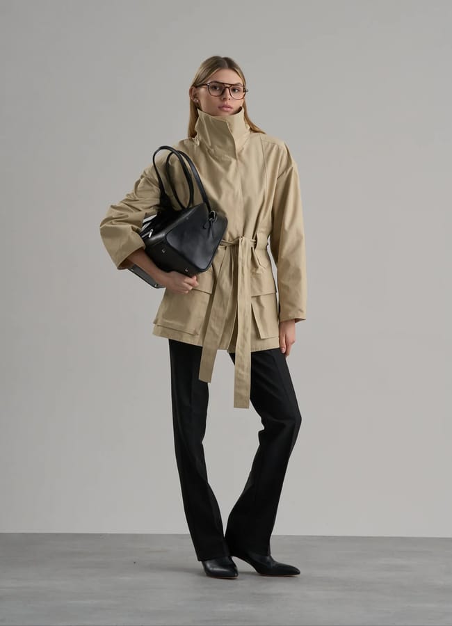 model wearing Lelu Utility Jacket Beige