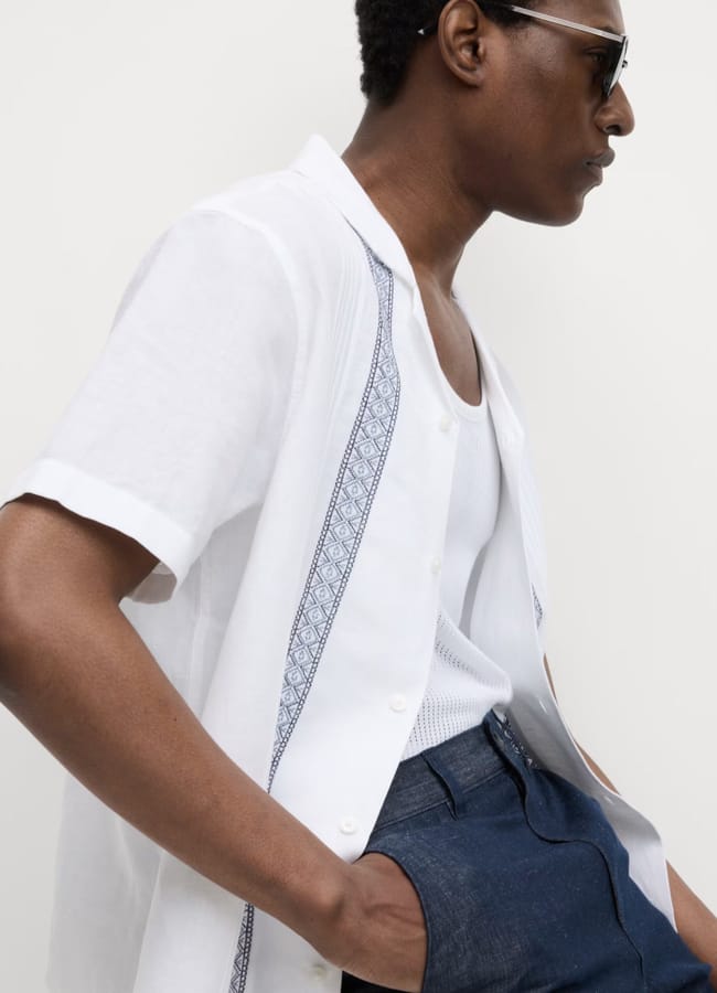 male model from side wearing M&S Cotton Linen Blend Embroidered Shirt
