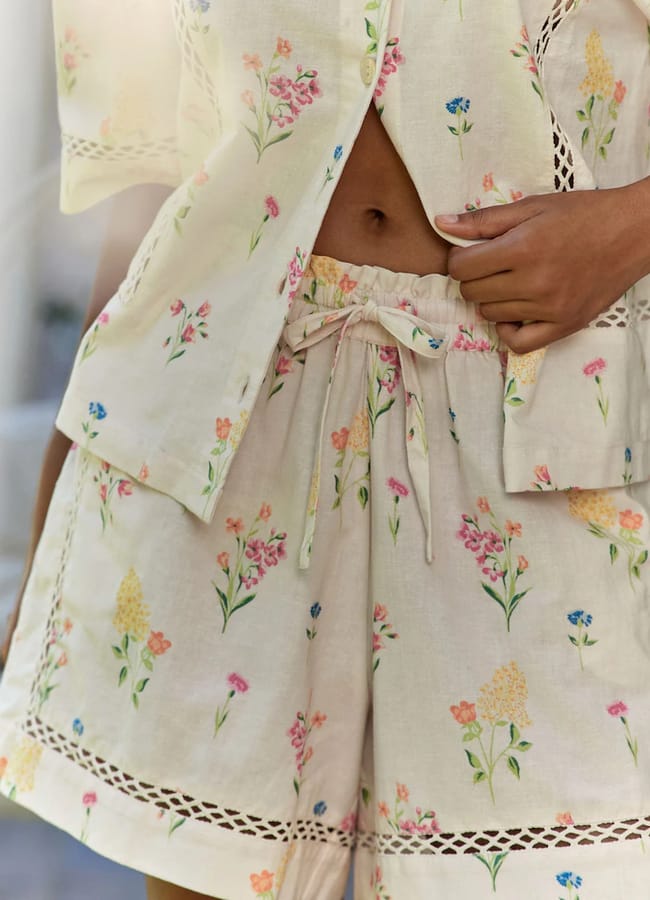 close up of Next Laura Ashley Ecru Elston Garden Button Through Short Sleeve Pyjamas