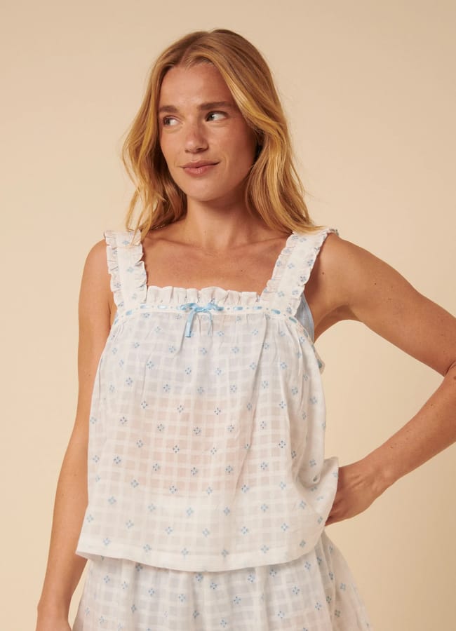 model wearing Nobody's Child White Embroidered Frill Pyjama Top